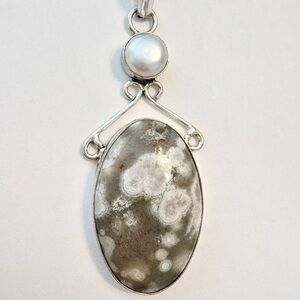 2 inch, Long Ocean Jasper and Pearl pendant,  on a silver chain.